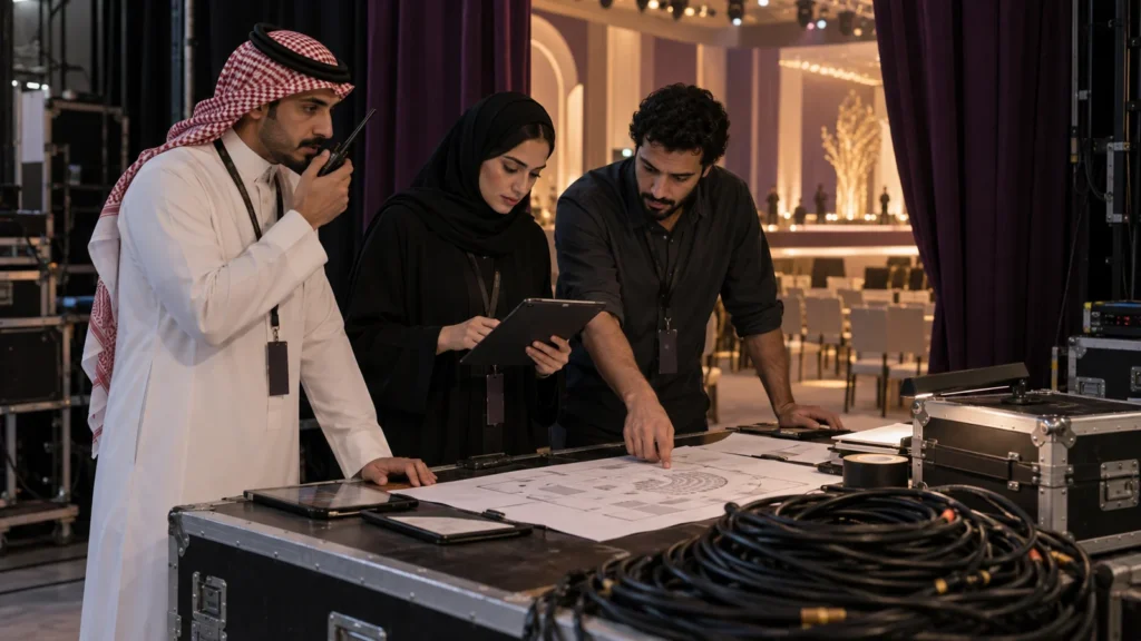 فريق تنظيم يراجع مخطط الفعالية خلف الكواليس