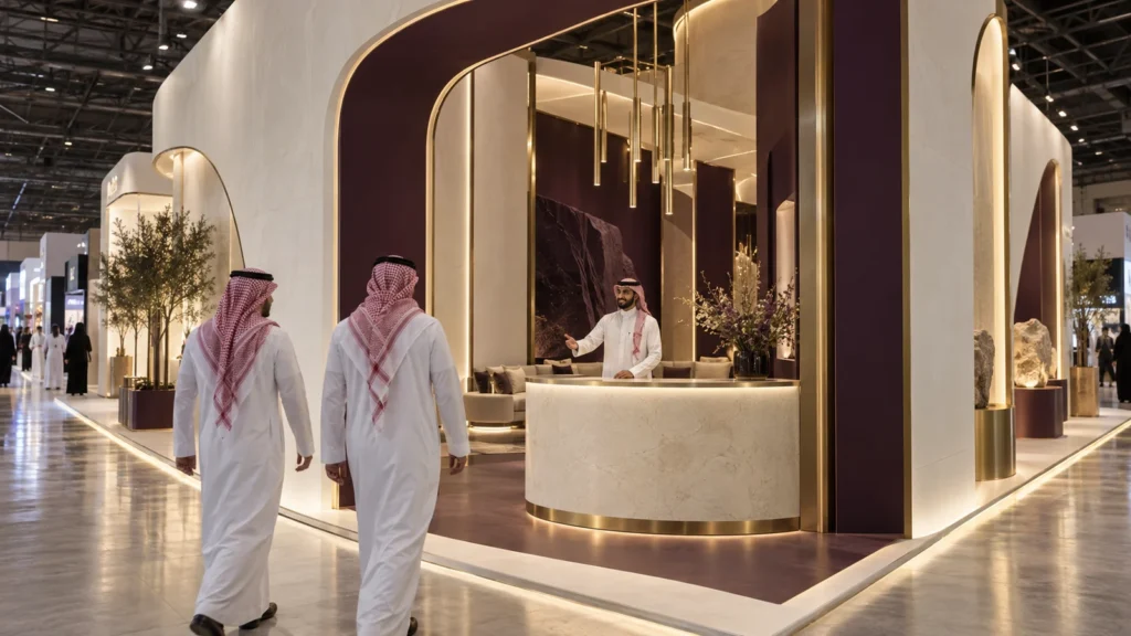 استقبال زوار داخل جناح معرض بتصميم أنيق