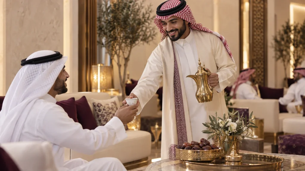 تقديم القهوة العربية للضيوف في استقبال سعودي