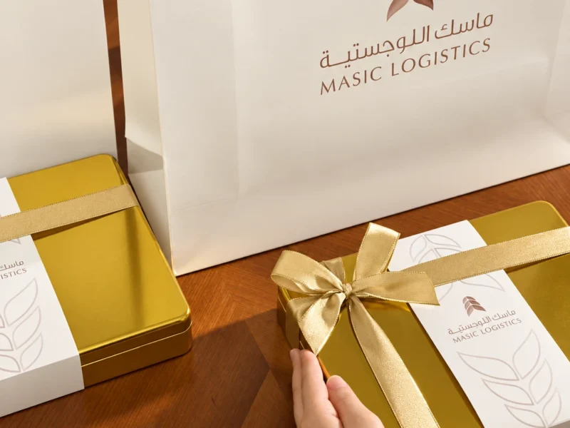 علب هدايا ذهبية وأكياس بهوية ماسك اللوجستية