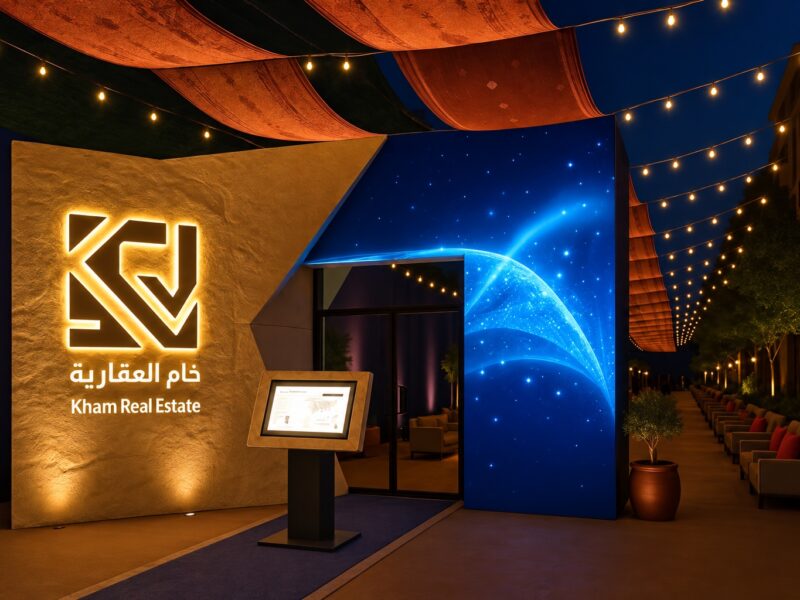 مدخل فعالية خام العقارية مع الشعار المضيء واسم الشركة بالعربية والإنجليزية